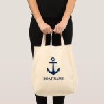 Bolsa Tote Seu Nome De Barco Âncora Clássica Comprador Ecológ<br><div class="desc">Âncora azul do marinho náutico com seu nome personalizado, Nome do barco ou texto em uma bolsa de compra reutilizável ecológica. Ajude a proteger nossos oceanos e lagos. Siga verde e salve o planeta com uma lavadora personalizada, sacos reutilizáveis para compras, sem mais plástico. Feita de 12 oz com 100%...</div>