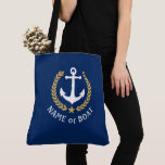 Bolsa Tote Seu nome de boi Anchor Dourado Laurel Large Marinh<br><div class="desc">Um saco de tota com tema náutico com seu nome personalizado, nome do barco ou outro texto desejado. Possui uma âncora náutica personalizada, projetada com folhas laurel em estilo ouro e estrela em azul marinho. Personalize facilmente a cor base para corresponder ao seu decoro ou tema atual. Reutilizável e excelente...</div>
