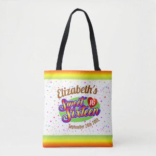 Bolsa Tote Seu nome e data no Colorful Sweet 16 de dois lados