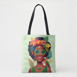 Bolsa Tote Seu nome, Mulher Negra, Flores Tropicais e Papagai