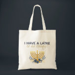 Bolsa Tote Sexta-Feira Negra Comprando o Latke Tocar em Palav<br><div class="desc">"I Have a Latke to do Today" é uma sexta-feira negra divertida Comprando com uma pequena peça sobre as palavras de Chanucá. {Cute, certo?} A tipografia é um bloco moderno em azul marinho combinado com um script moderno em ouro. O gráfico é uma menorah aquosa com um buquê floral bonito...</div>