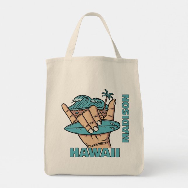 Bolsa Tote Shaka do Surf de Localização e Nome Personalizado (Verso)