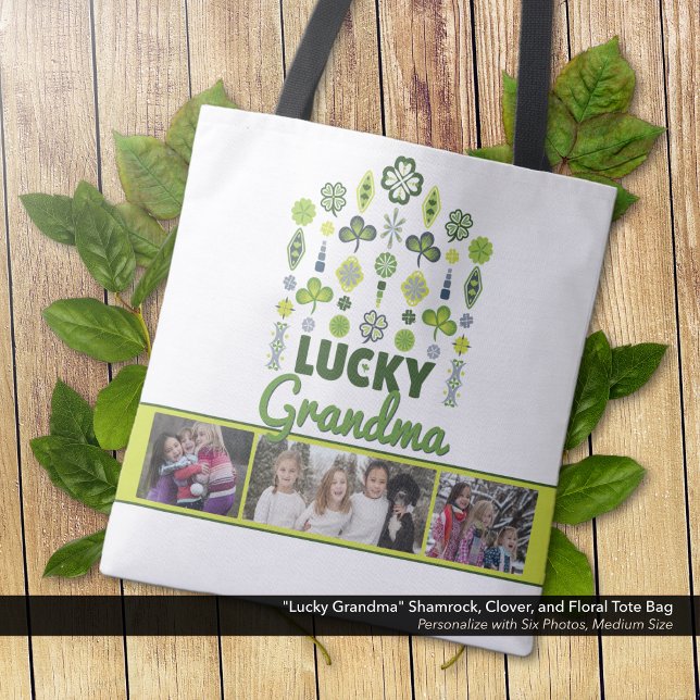 Bolsa Tote Shamrock Clover Foto Floral ("Lucky Grandma" Shamrock, Clover, and Floral Photo Tote Bag: Personalize with 6 photos.)