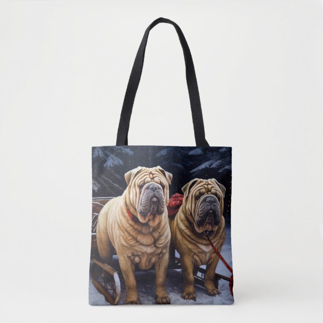 Bolsa Tote Shar Pei Snowy Sleigh Decência de Natal (Frente)