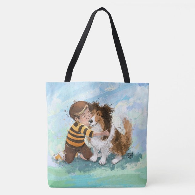 Bolsa Tote Sheltie e cachorro abraçam (Frente)