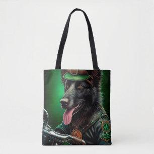 Bolsa Tote Shepherd belga dirigindo Ruas de bicicleta. Dia de