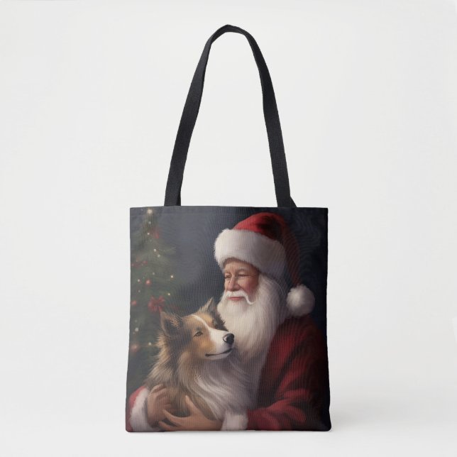 Bolsa Tote Shetland Sheepdog Papai Noel Natal Festivo (Frente)