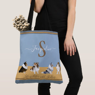 Bolsa Tote Shetland Sheepdog, prateleiras em azul e amarelo