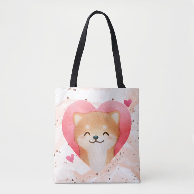 Bolsa Tote Shiba Inu Bonita em Coração (Frente)