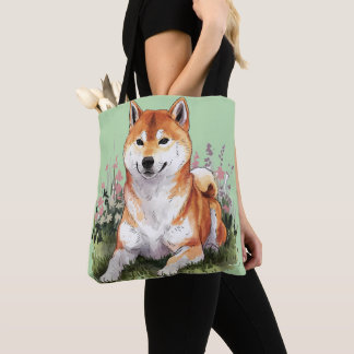 Bolsa Tote Shiba Inu Cachorro Verde Bag Aquarela Arte