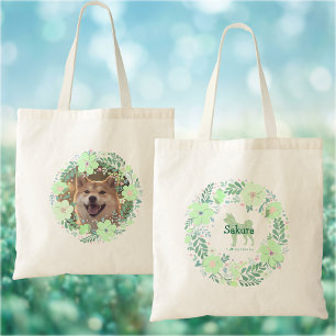 Bolsa Tote Shiba Inu Verde Menta Coroa de Flores Nome Persona
