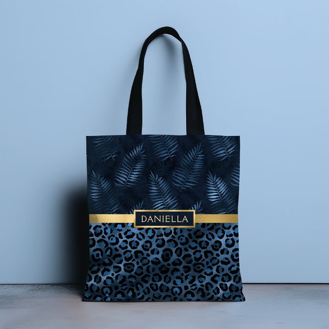 Bolsa Tote Shimmer de Impressão do Leopardo Azul Nome Floral  (Criador carregado)