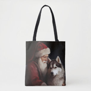 Bolsa Tote Siberian Husky com Papai Noel Natal Festivo