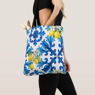 Bolsa Tote Siciliano,verão,limão,mosaico,azul