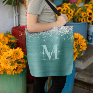 Bolsa Tote Signature Monograma Silver Glitter Aqua Teto Foil