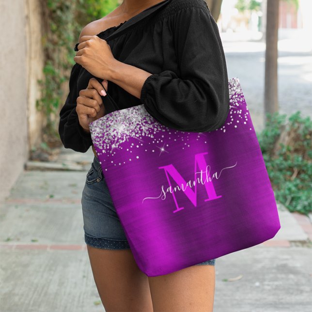 Bolsa Tote Signature Monograma Silver Glitter Magenta Roxo (Signature Monogram Silver Glitter Magenta Purple Tote Bag)