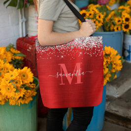 Bolsa Tote Signature Monograma Silver Glitter Red Foil