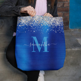 Bolsa Tote Signature Monograma Silver Glitter Royal Blue Foil