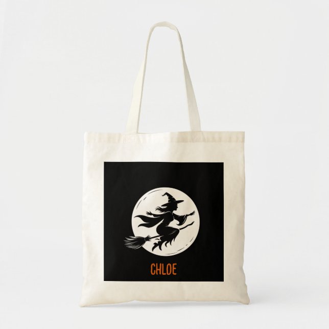 Bolsa Tote Silhouette of Witch, Halloween Witch and Moon,  (Frente)