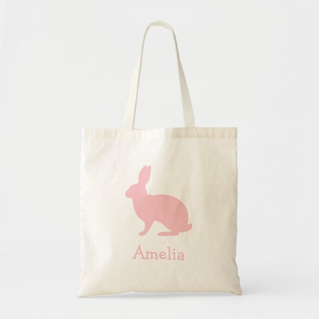 Bolsa Tote Silhueta de Coelho Rosa Bege com Nome Páscoa (Frente)