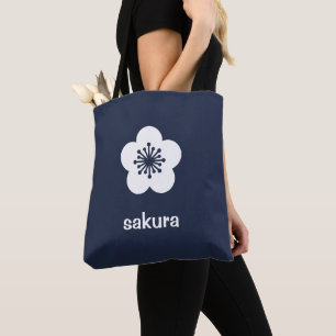 Bolsa Tote Silhueta de Flor de Sakura Branca - Azul Marinho