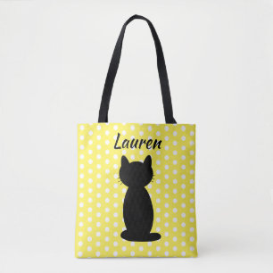 Bolsa Tote Silhueta de Gato Preto Personalizada com Bolinhas