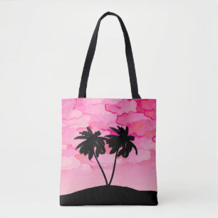 Bolsa Tote Silhueta de Palmeira, Rosa Alba com Nuvens