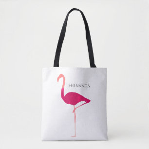 Bolsa Tote Silhueta Flamingo Rosa Moderna com Nome Bag