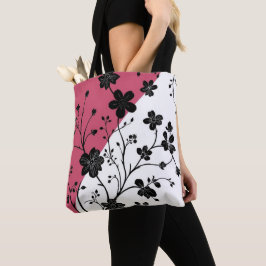 Bolsa Tote Silhueta Floral Preta Elegante a Rosa e Branco