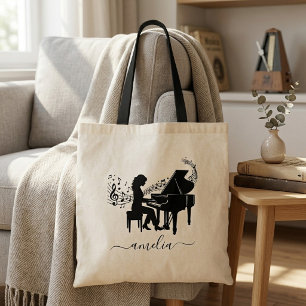 Bolsa Tote Silhueta Personalizada de Pianista Menina Notas Mu