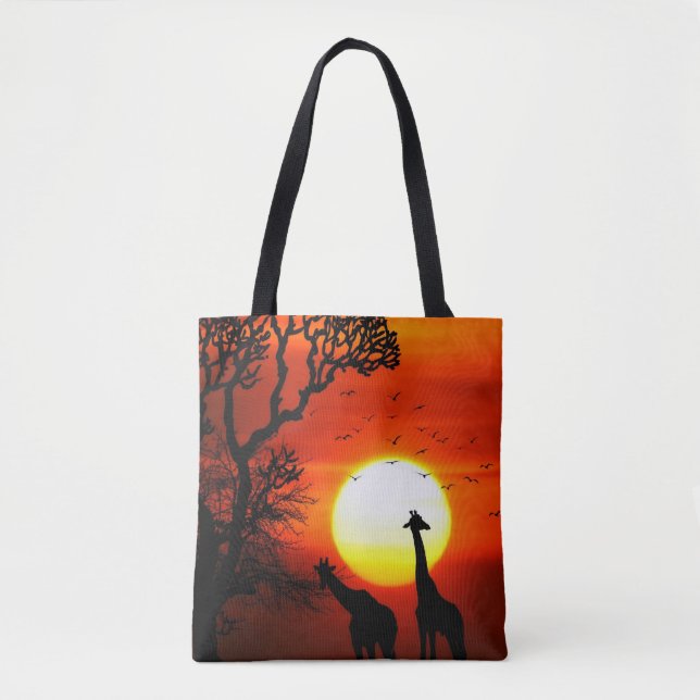 Bolsa Tote Silhuetas africanas do girafa do por do sol do (Frente)