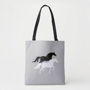 Bolsa Tote Silhuetas de cavalos pretos e brancos em cinza pra