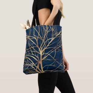 Bolsa Tote Silhuette de árvore Dourada moderna, Design azul m