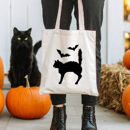 Bolsa Tote Silhute de Gato Assustado Preto com Bats Halloween