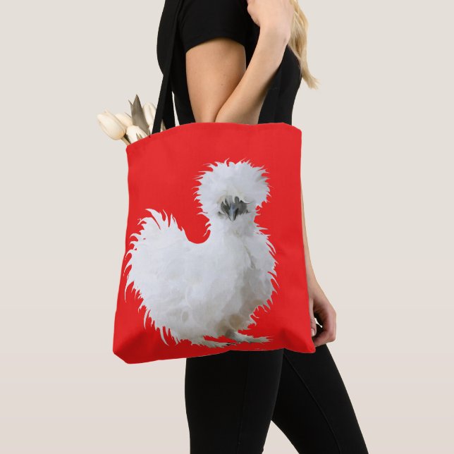 Bolsa Tote Silkie Chicken on Red (Close Up)