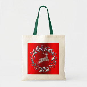 Bolsa Tote Silver Christmas Wreath e Reindeer