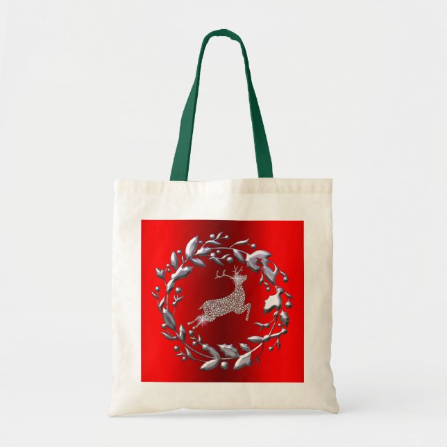 Bolsa Tote Silver Christmas Wreath e Reindeer (Frente)
