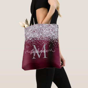 Bolsa Tote Silver Faux-Glitter Girly Glam Burgundy Personaliz