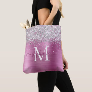 Bolsa Tote Silver Faux-Glitter Girly Glam Rosa Personalizado