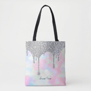 Bolsa Tote *~* Silver Glitter Pastel Unicorn Mermaid Rainbow