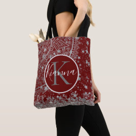 Bolsa Tote Silver Lotus Mandala e estrelas em Red Customize