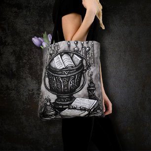 Bolsa Tote Silvery Steampunk Cauldron Spellbooks and Potions