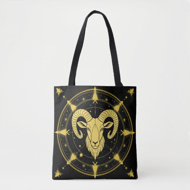 Bolsa Tote Símbolo Dourado do Zodíaco de Áries (Frente)