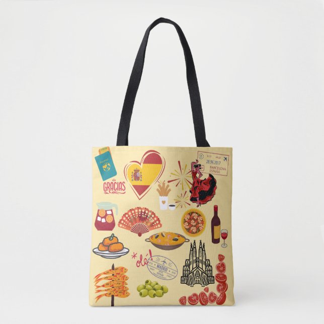 Bolsa Tote Símbolos Espanhóis Amantes de Viagens (Frente)