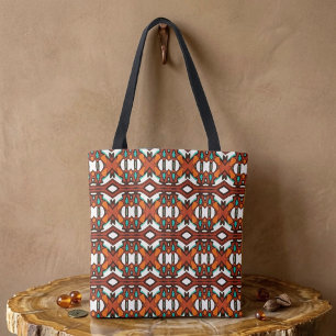 Bolsa Tote Simetria Tribal Laranja, Turquesa, Marrom