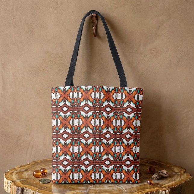 Bolsa Tote Simetria Tribal Laranja, Turquesa, Marrom (Criador carregado)