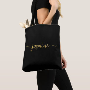 Bolsa Tote Simples Feminino Preto Dourado Nome Personalizado 