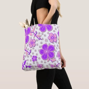 Bolsa Tote Simples Floral Aquarela Impressão púrpura e rosa
