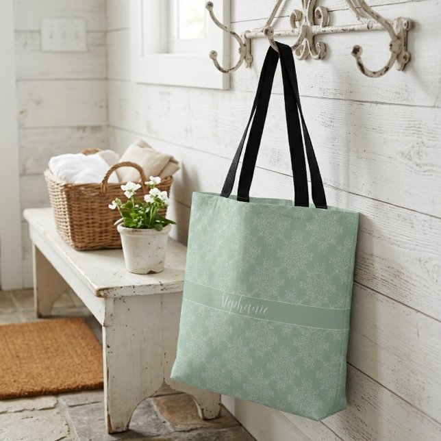 Bolsa Tote Simples Flores Brancas de Damasco Verde Claro Mode (Criador carregado)