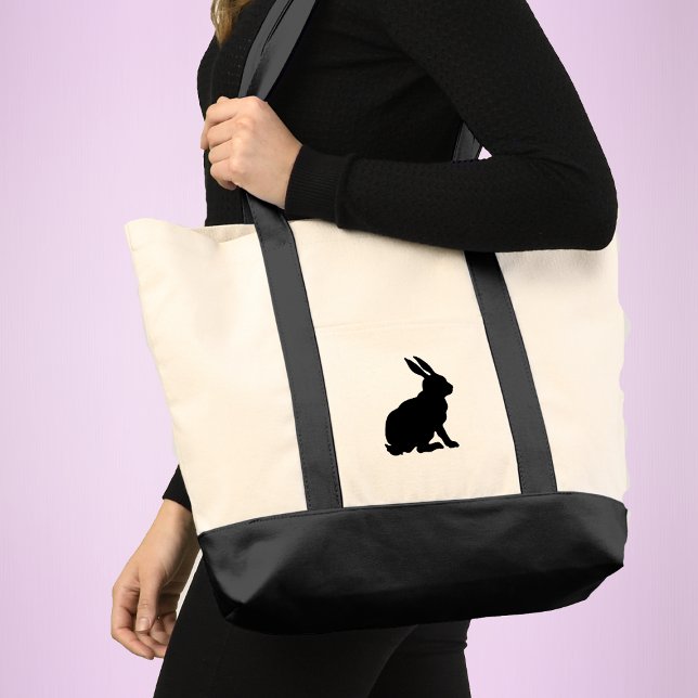 Bolsa Tote Simples preto Sillhouette Sentado Rabbit Altas Ouv (Minimalist black sitting rabbit in silhouette form on tote bag.)